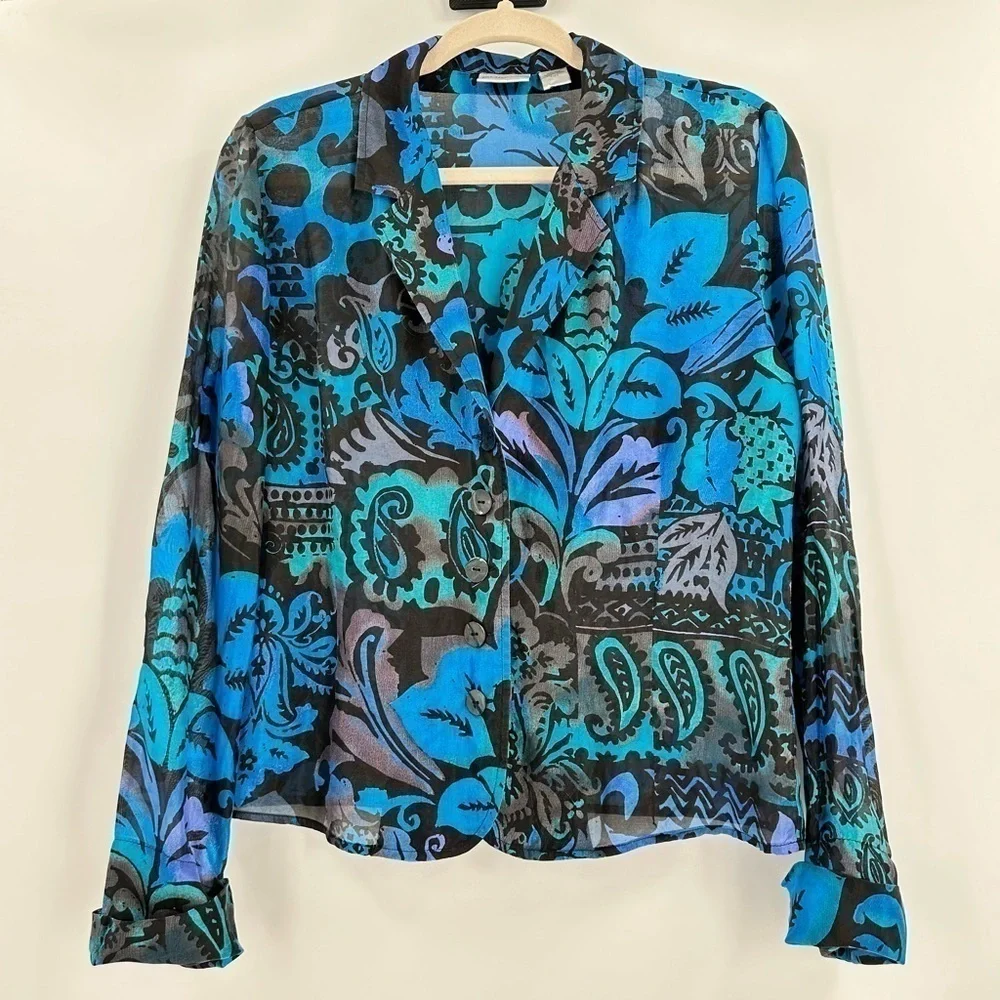 Chico’s 100% Silk Bright Blues & Black Print V Neck Button Up Sheer Size 0/Small